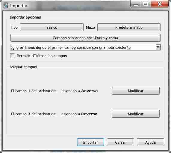 Pantalla de ANKI para importar el fichero CSV