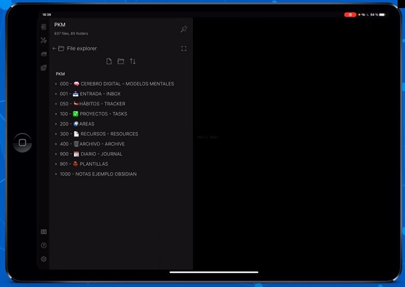 App móvil Obsidian instalada en iPad - Vault PKM