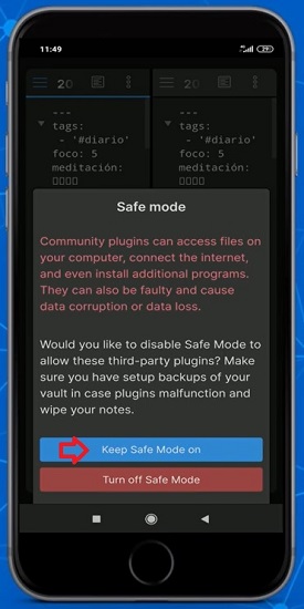 Modo seguro app móvil Obsidian