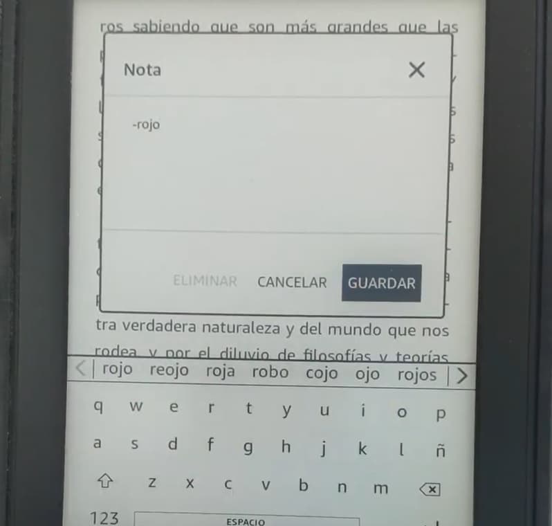 Nota en Kindle con el nombre del color para subrayar