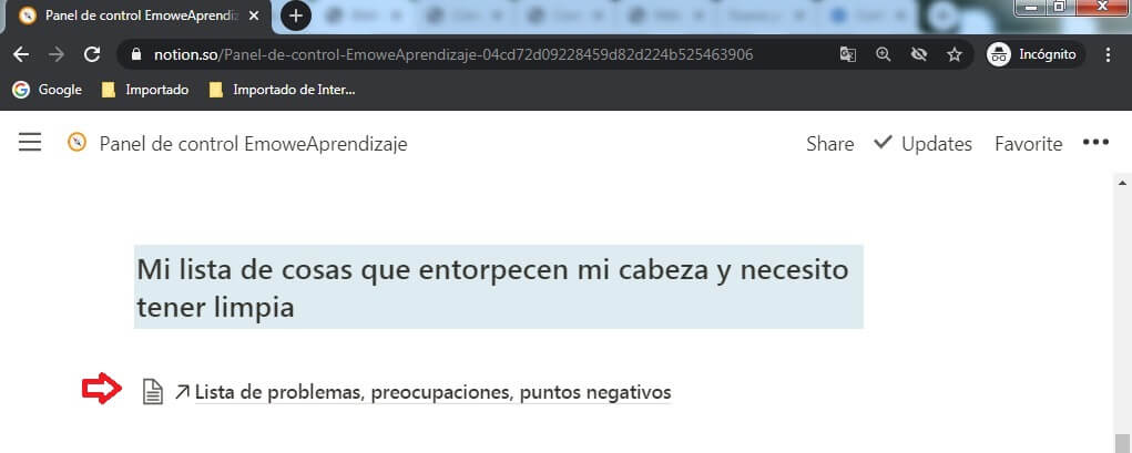 Panel Notion con acceso a lista de problemas