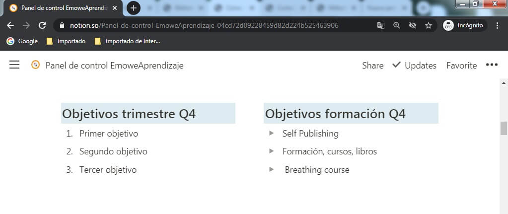 Panel Notion - Objetivos trimestres para organizar vida