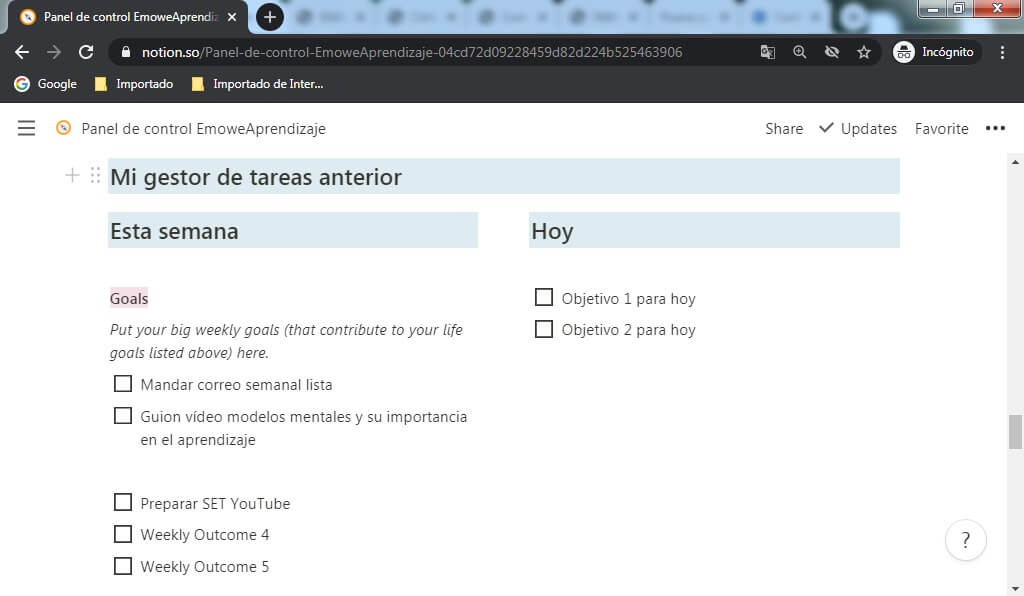 Mi gestor anterior de tareas en Notion