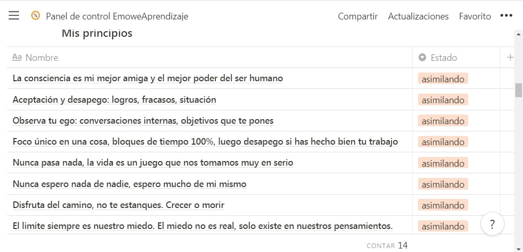 Lista de mis principios en panel Notion