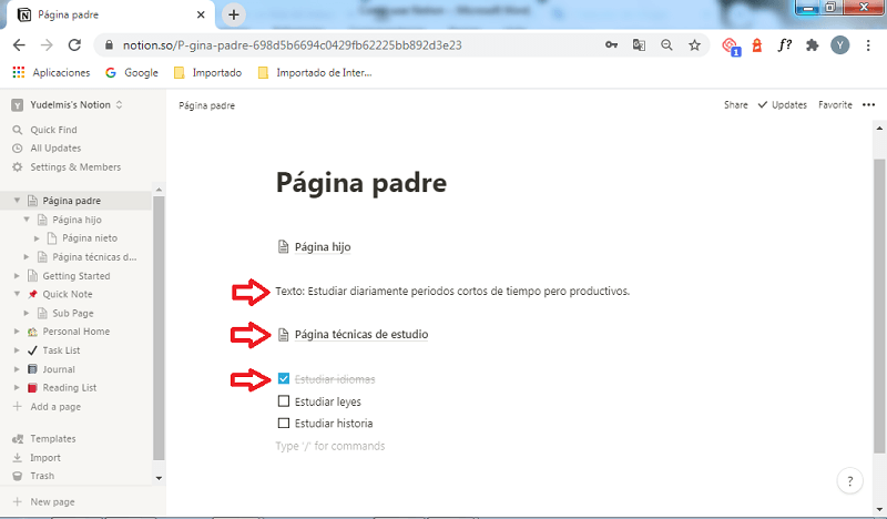 Bloques básicos en Notion: text, page, to-do list