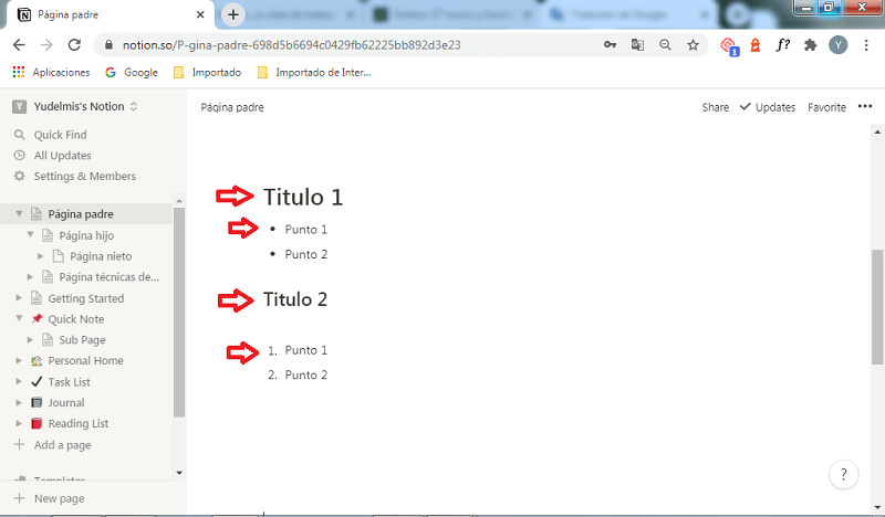 Bloques básicos en Notion: heading 1, bulleted list, heading 2, numbered list
