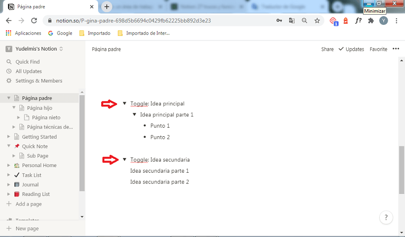 Bloques básicos en Notion: toggle list con ideas desplegadas