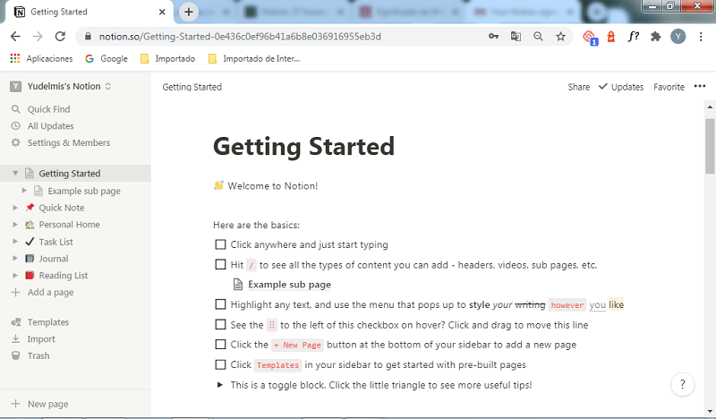 Pagina de bienvenida en Notion