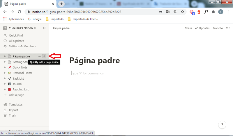 Cómo crear paginas en Notion: Página padre