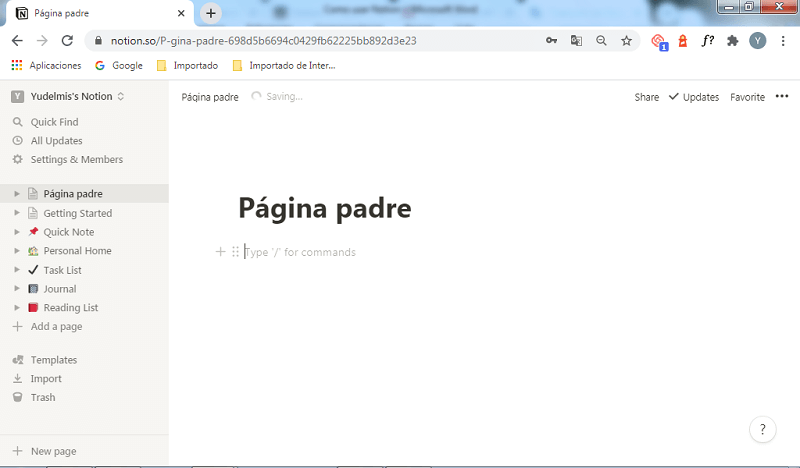 Creación de paginas en Notion