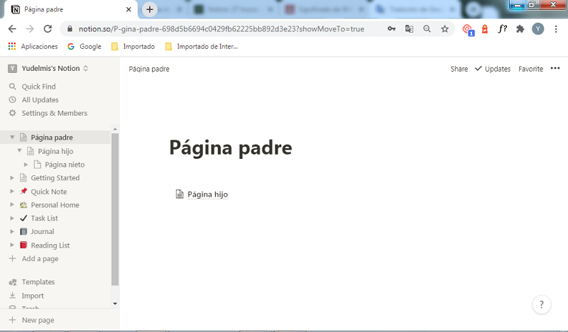 Cómo crear paginas en Notion: Subpágina hijo