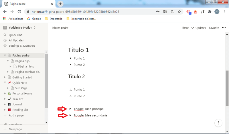 Bloques básicos en Notion: toggle list