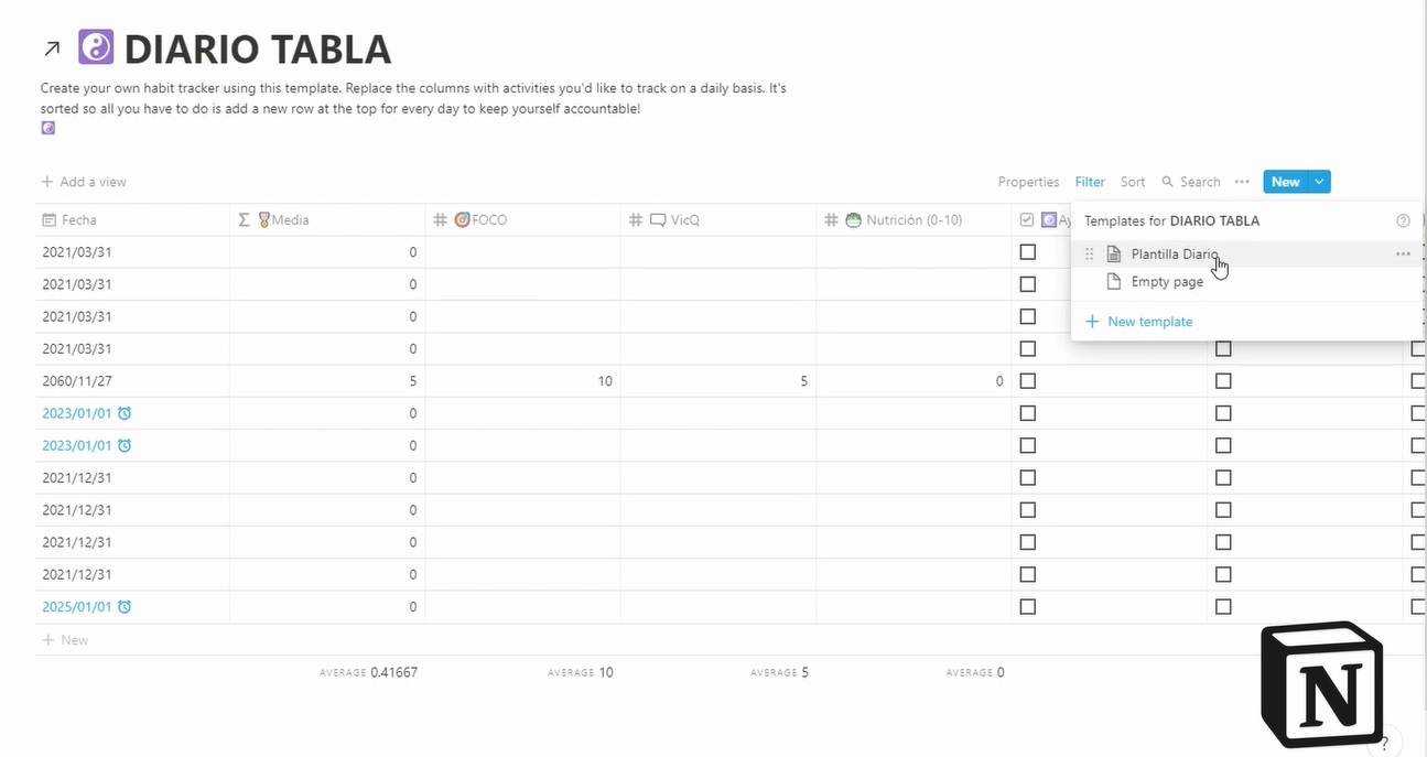 Plantilla para crear diario en Notion