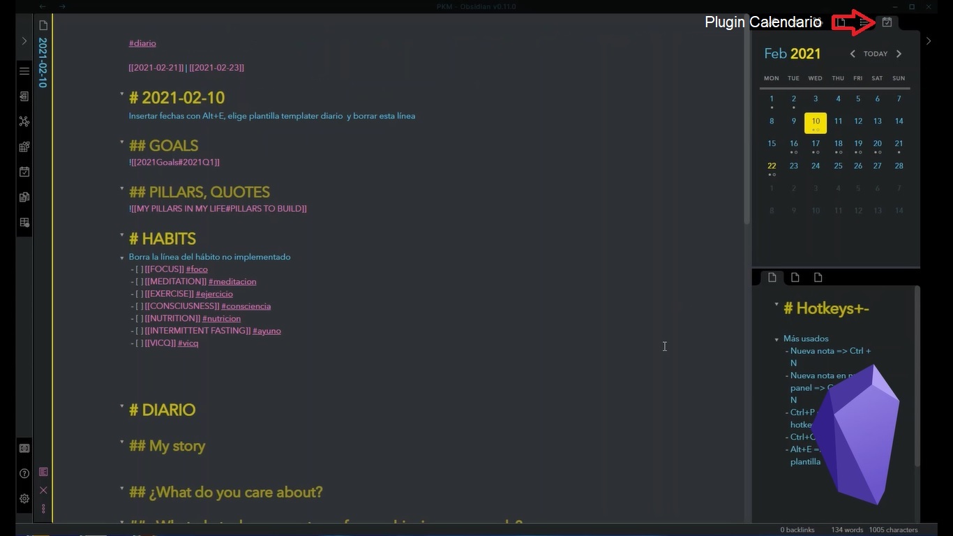 Diario en Obsidian con plugin calendario