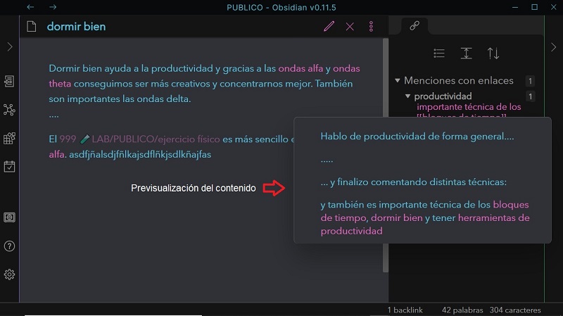 Previsualización contenido nota productividad Obsidian