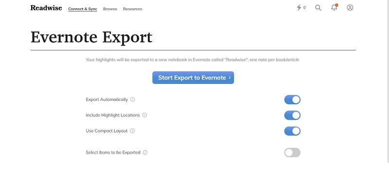 Opciones de configuración de Readwise para Evernote