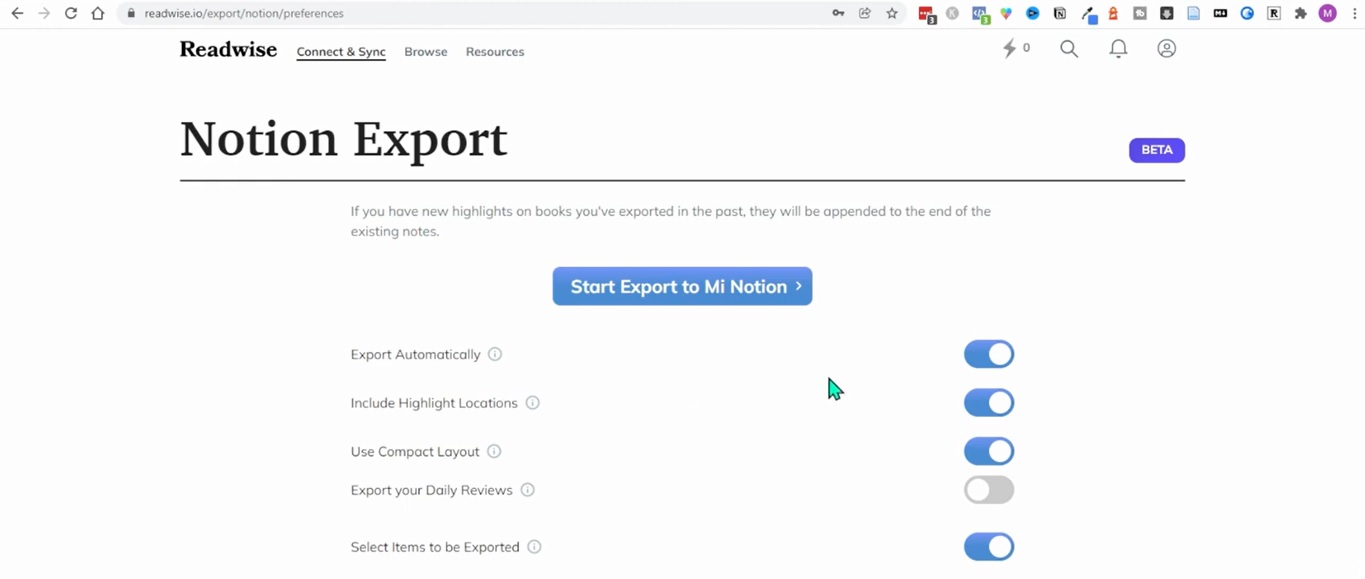Opciones de configuración Notion - Tutorial Readwise mejor herramienta capturar subrayar pdfs