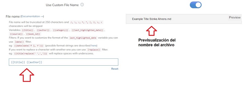 Opción para personalizar el nombre del archivo de Obsidian