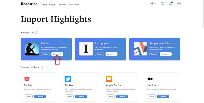 Import Highlights, opción Kindle - Tutorial Readwise