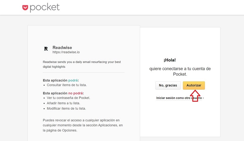 Pantalla para autorizar que Readwise se conecte a Pocket