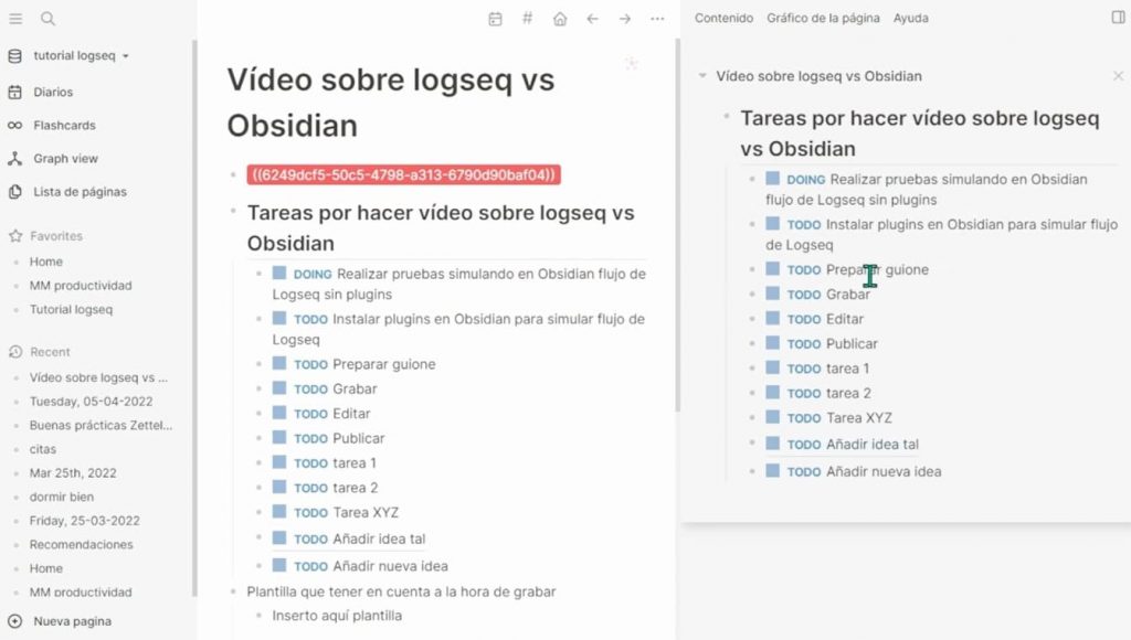 Bloque de nota abierto en la parte derecha de Logseq