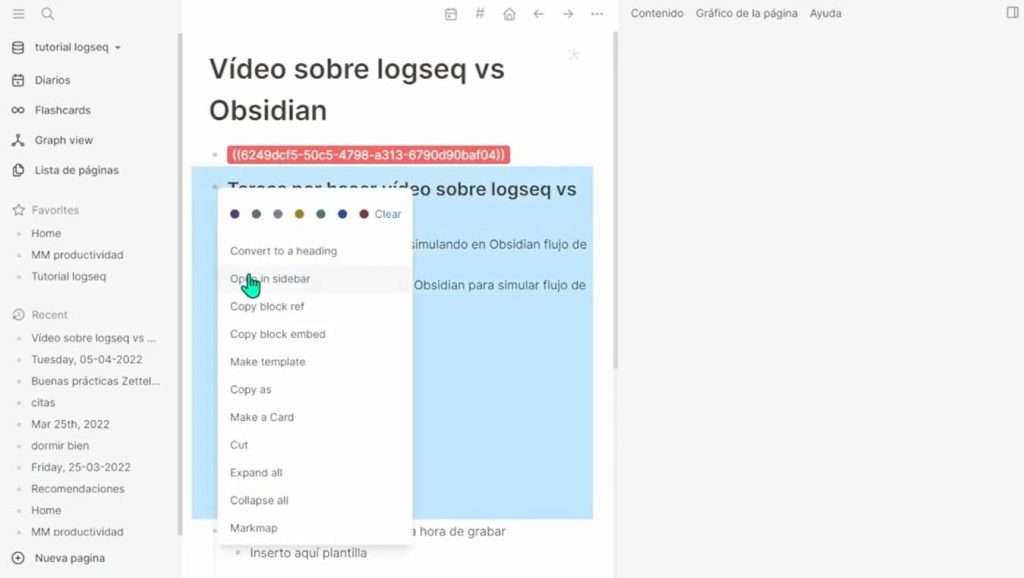 Tutorial de Logseq en español - Opción Open in Sidebar