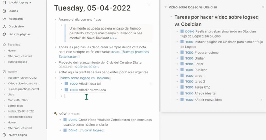 Tareas copiadas del bloque abierto en la parte derecha a la nota diaria