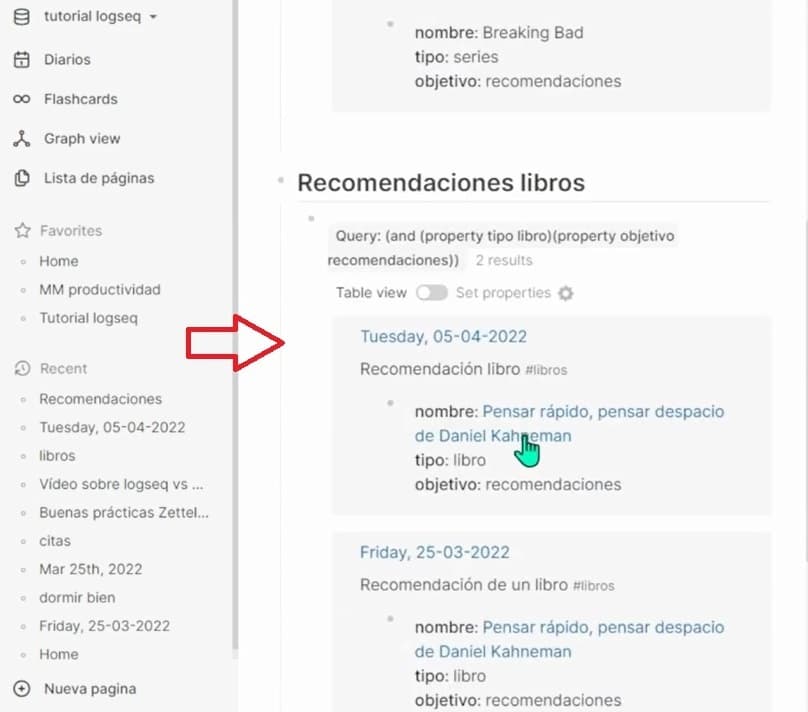 Resultados de consulta Query realizada en el bloque Recomendaciones libros