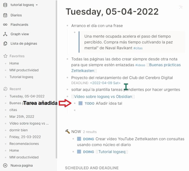 Tarea añadida en nota diaria con estado TODO