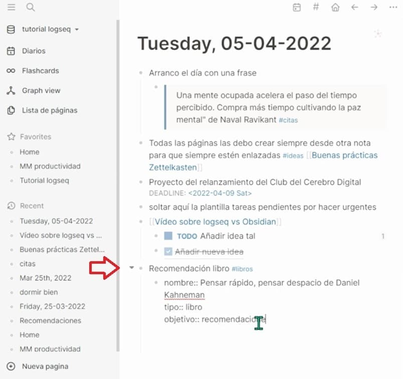 Tutorial Logseq en español - Propiedades añadidas en bloque Recomendación libro