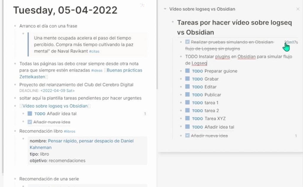 Tutorial Logseq en español - Tiempo invertido en realizar una tarea