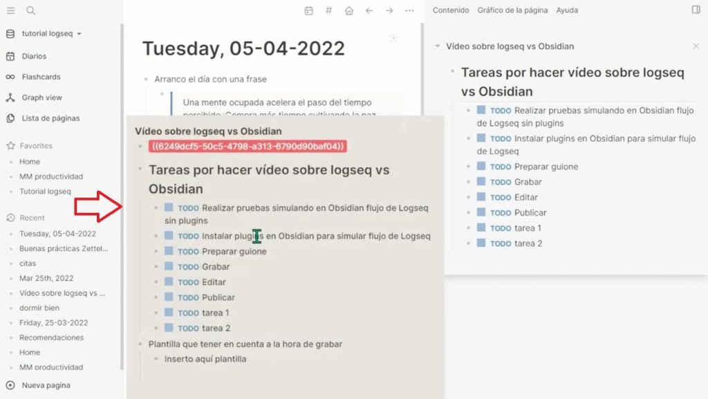 Tutorial de Logseq en español - Previsualización de nota